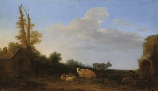 Pejzaż z krowami, owcami, chatą i ruiną - 1