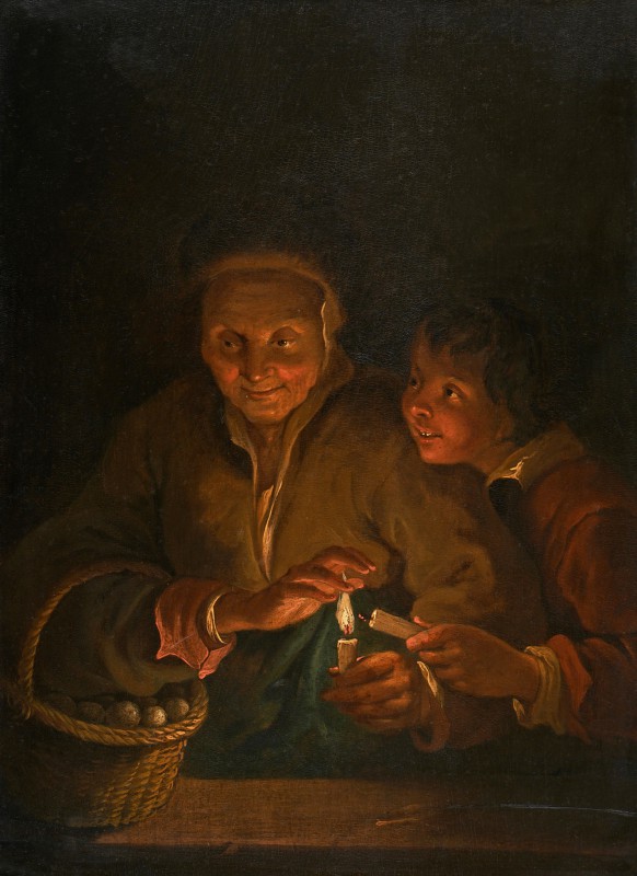 Kobieta trzymająca na ręku koszyk, w drugiej ręce zapaloną świecę, obok niej chłopiec. 