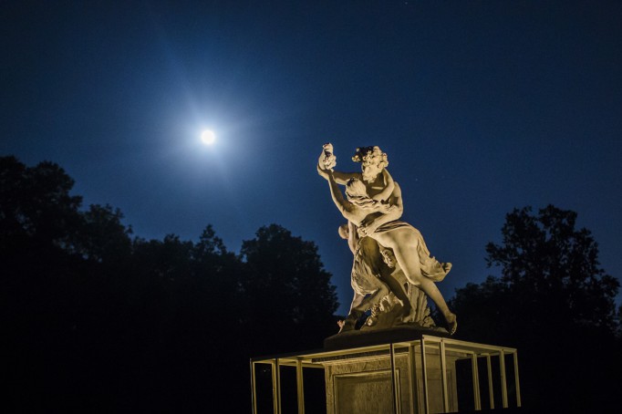 Rzeźba w Łazienkach Królewskich widoczna w nocy i oświetlona światłem lampy.