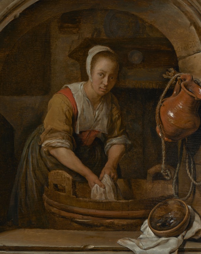 Obraz przedstawiający kobietę robiącą pranie w dużej drewnianej misce, obok wiszą dzbanki. 