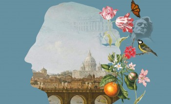 Plakat przedstawiający zarys głowy na niebieskim tle. Głowę wypełnia panorama miasta i kolorowe kwiaty. 