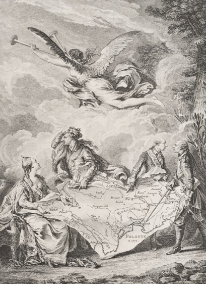 Rycina przedstawiająca trzech mężczyzn i kobietę stojących przy mapie XVIII-wiecznej Europy.