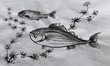 Rysunek przedstawiający dwie ryby. 