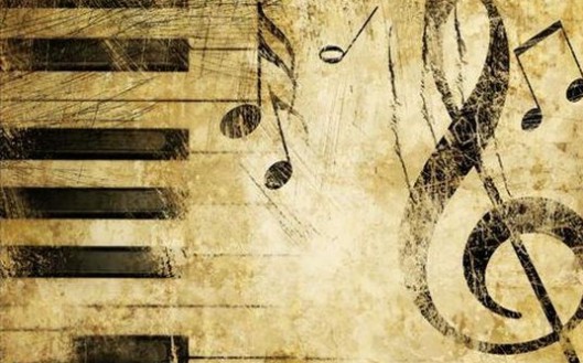 Rysunek przedstawiający nuty muzyczne i klawisze fortepianu. 