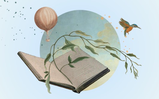 Rysunek przedstawiający otwartą książkę na tle kuli ziemskiej, w książkę włożona jest gałązka, po lewej stronie widoczny jest latający balon, po prawej ptak.