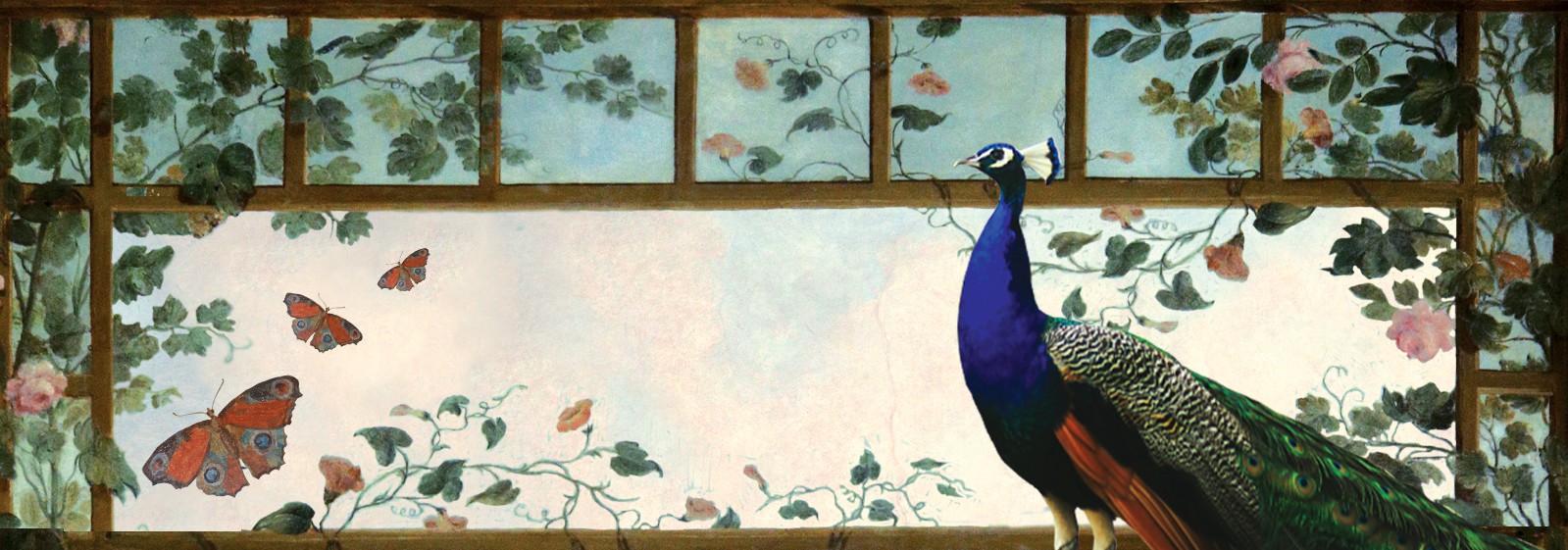 Rysunek przedstawiający pawia i fruwające obok motyle. Wokół nich wije się winorośl. 