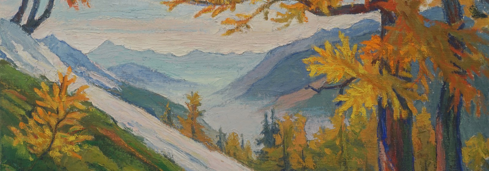 Obraz przedstawiający dolinę jesienią. Na obrazie widać góry i rosnące na zboczach pojedyncze drzewa. 