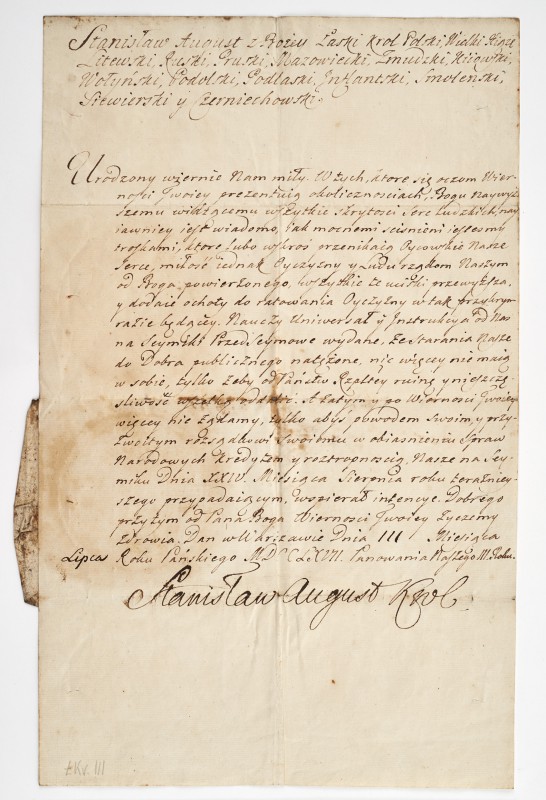 Letter from King Stanisław August Poniatowski to Tomasz Adam Ostrowski, treasurer of Radom