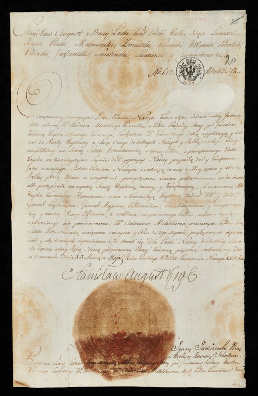 Patent na szarżę Sztab-Rotmistrza dla Andrzeja Mietelskiego z odręcznym podpisem króla