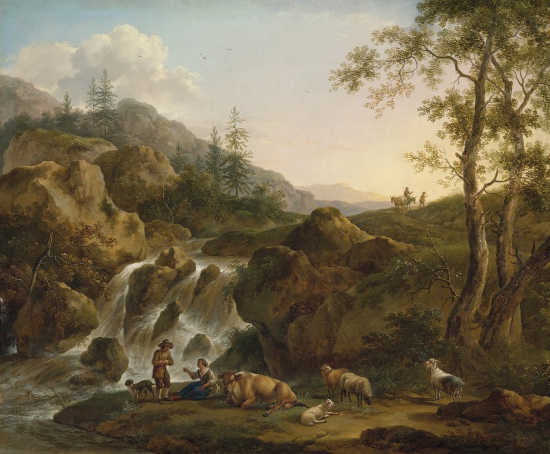 Krajobraz górski z kaskadą i odpoczywającymi pasterzami