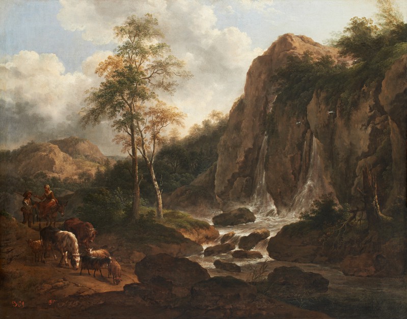 Krajobraz górski z wodospadem z prawej strony i pasterzami pędzącymi krowy i owce