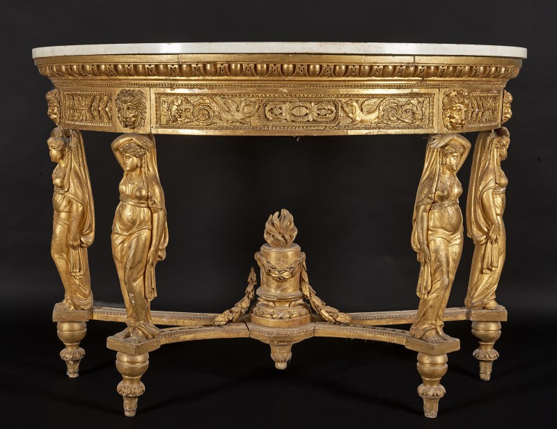 Console table with carved caryatids and tops decorated with scagliola
