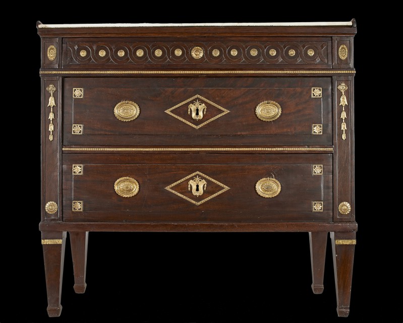 Neoclassical commodes with marble tops,