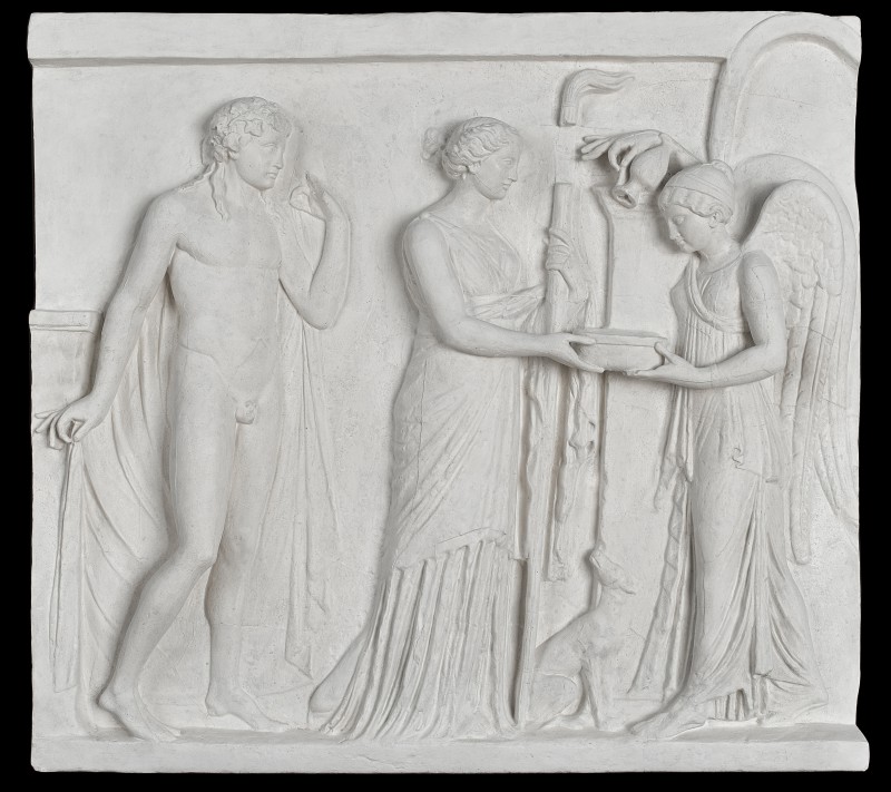 Victory pouring a libation to Diana and Apollo