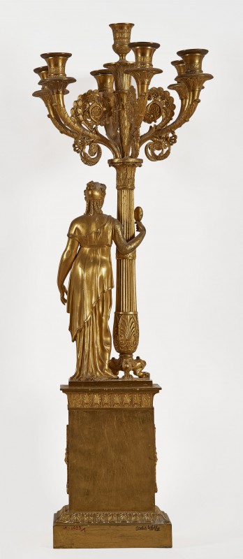 Seven-sconce candelabra in the form of tree and column with figure of woman in all’antica robe