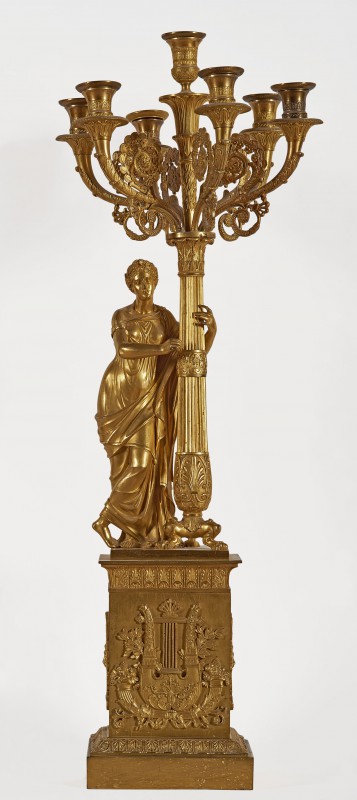 Kandelabr 7-świecowy w formie drzewa-kolumny z postacią kobiety w antycznych szatach