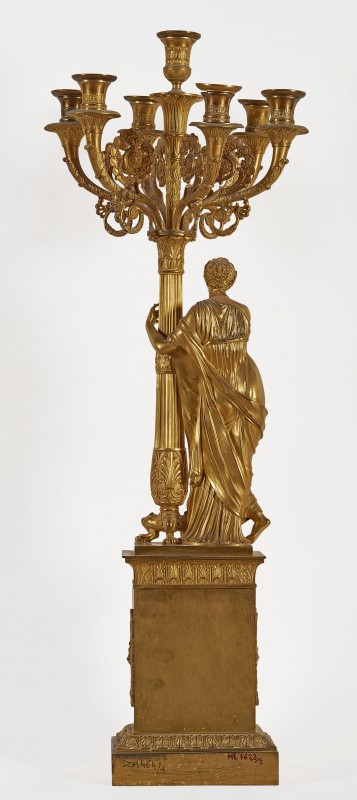 Seven-sconce candelabra in the form of tree and column with figure of woman in all’antica robe