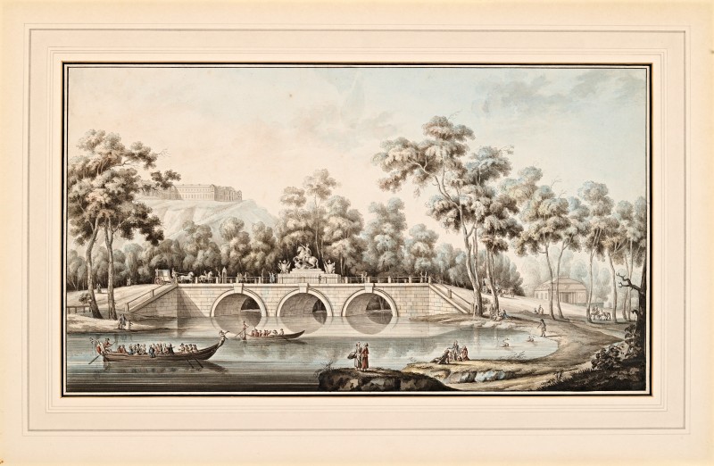 Widok północnej części ogrodu łazienkowskiego z mostem Agrykoli i pomnikiem Jana III