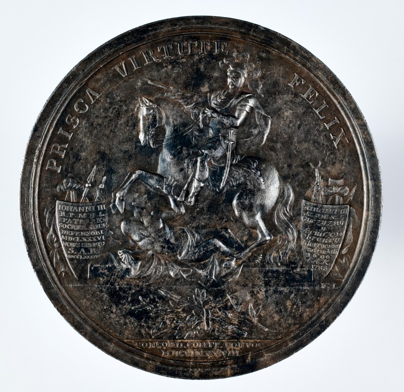 Medal z pomnikiem konnym Jana III i personifikacją Polonii z mieczem i tarczą