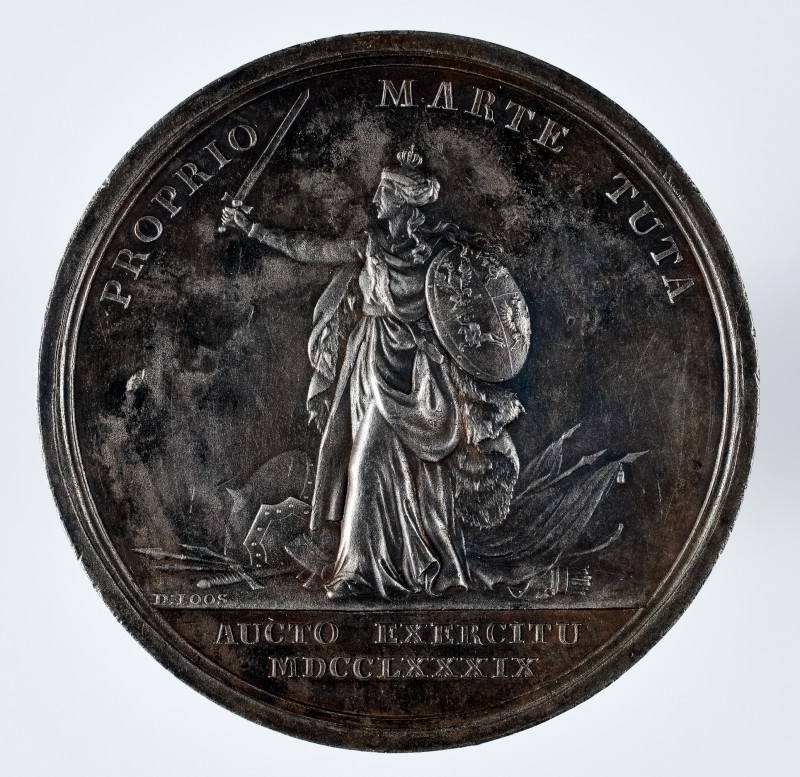 Medal z pomnikiem konnym Jana III i personifikacją Polonii z mieczem i tarczą