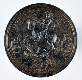 Medal z pomnikiem konnym Jana III i personifikacją Polonii z mieczem i tarczą