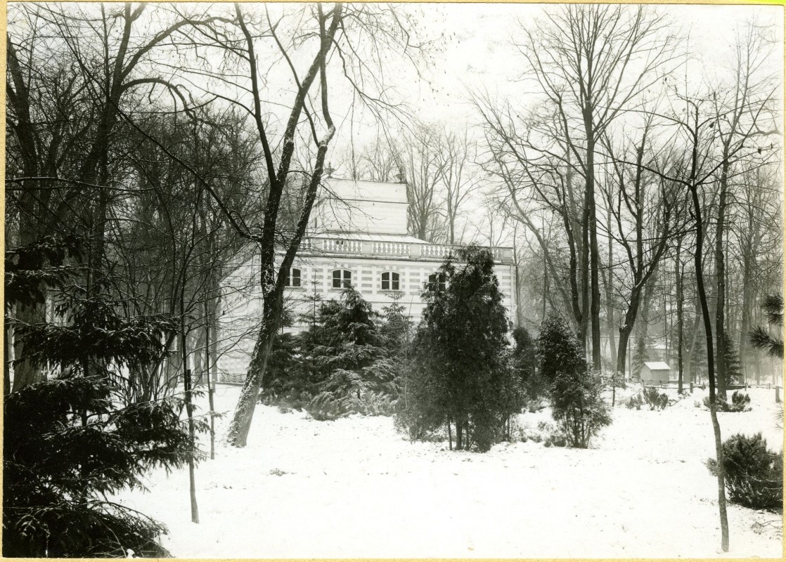 Biały Dom w Łazienkach Królewskich w otoczeniu drzew zimą.