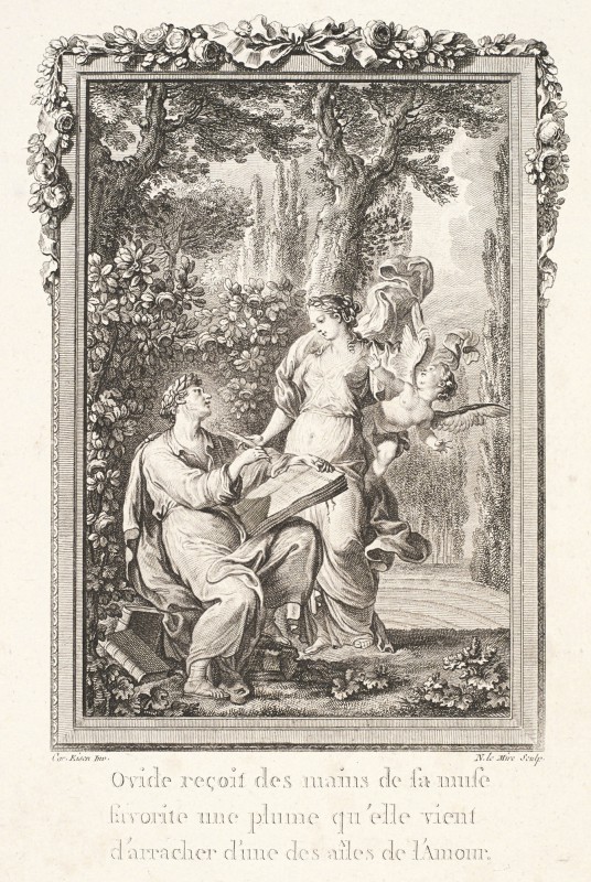 Rysunek przedstawiający Owidiusza otrzymującego pióro z rąk muzy.