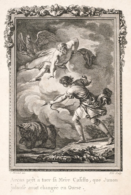 Rysunek przedstawiający mężczyznę strzelającego z łuku do zwierzęcia, powyżej na chmurze unosi się inny mężczyzna.