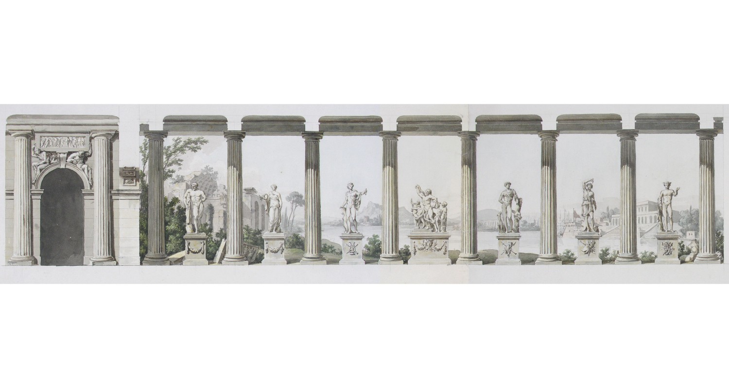 Rysunek przedstawiający Kolumnadę Kamsetzera. Między kolumnami stoją rzeźby. 