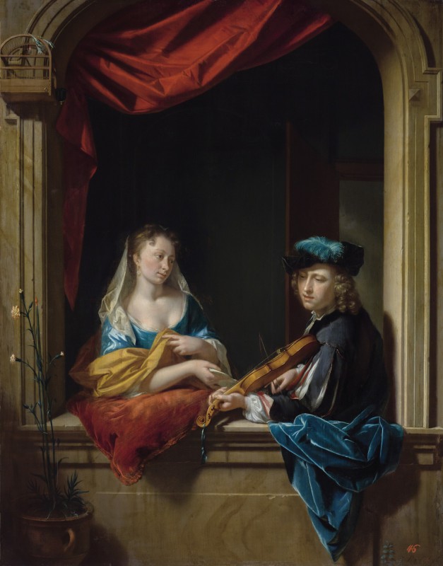 Obraz przedstawiający kobietę i mężczyznę grającego na skrzypcach.