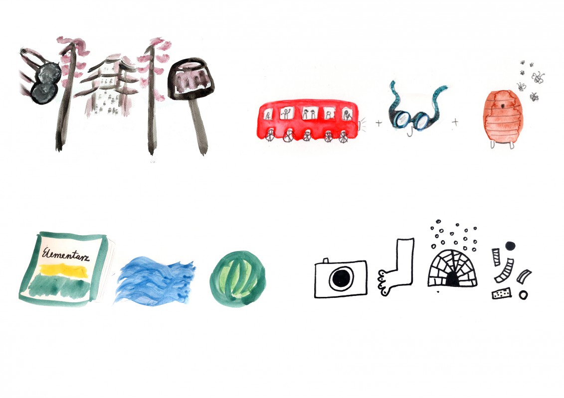 Rysunek przedstawiający drzewa, autobus, okulary, ul, książkę, rzekę, piłkę, apart, nogę, pajęczynę.