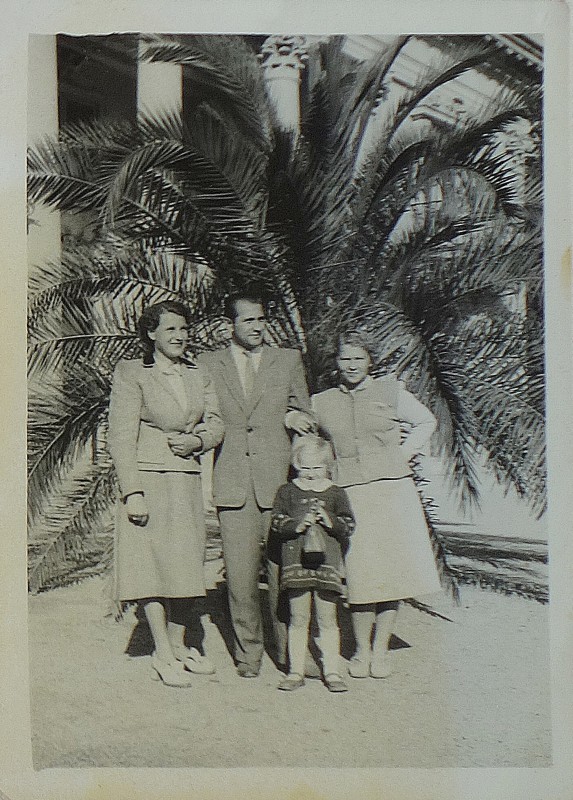 Dwie kobiety, mężczyzna i dziewczyna stoją pod palmą.