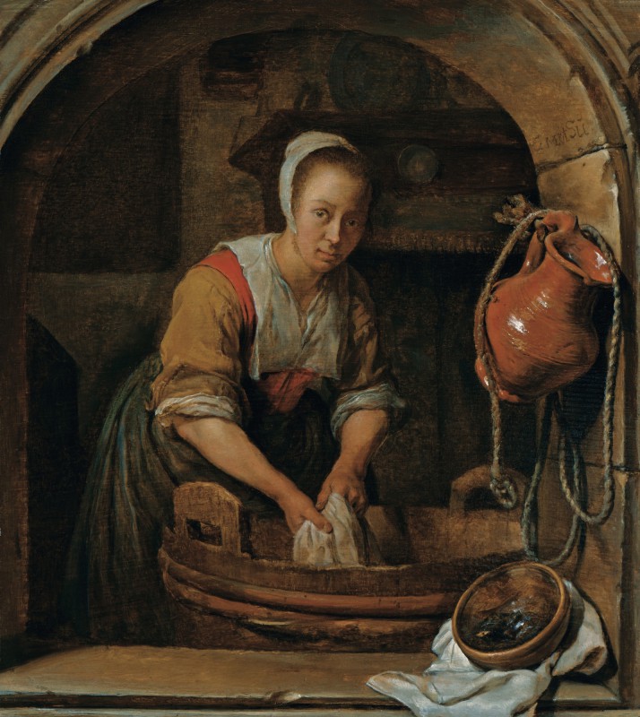 Obraz przedstawiający piorącą kobietę, stojącą przy bali z wodą, w chustce na głowie. 