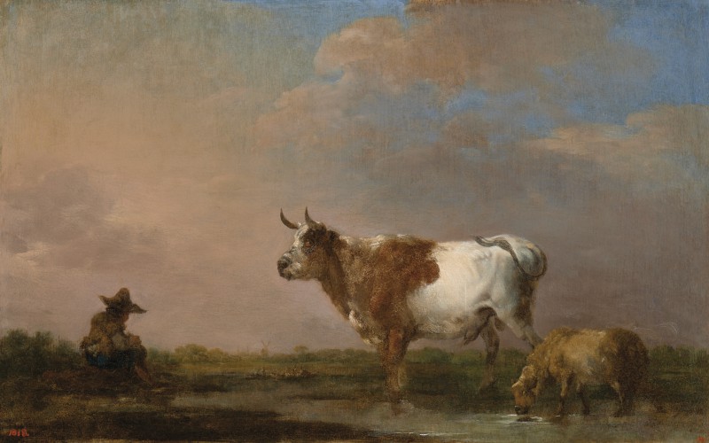 Pejzaż przedstawiający pasterza na polu oraz krowę z byczkiem.