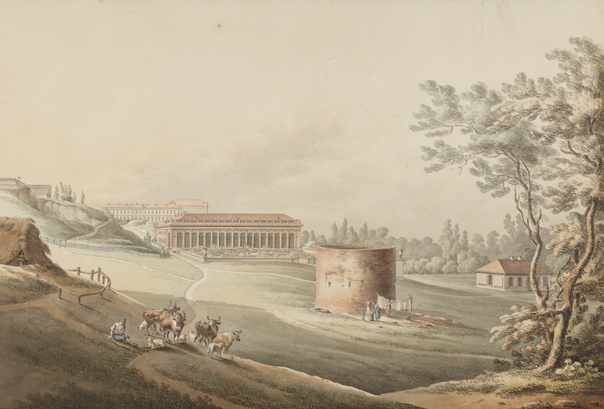 Rysunek przedstawiający Wodozbiór, w tle widać budynek Starej Oranżerii.