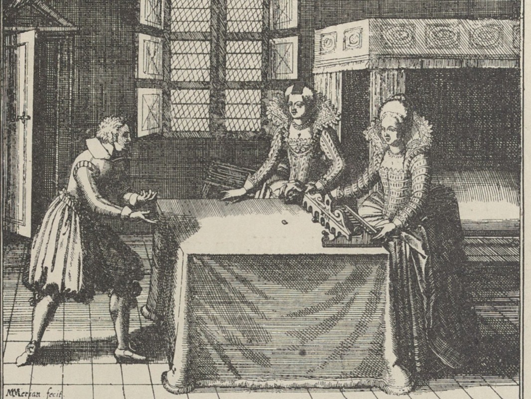 Archiwalny rysunek przedstawiający ludzi w strojach z epoki, stojących przy stole. 
