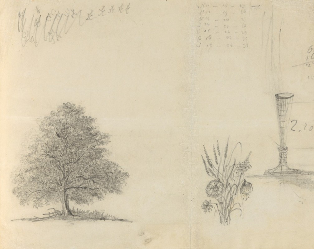 Rysunek przedstawiający drzewo, bukiet kwiatów i wazon.
