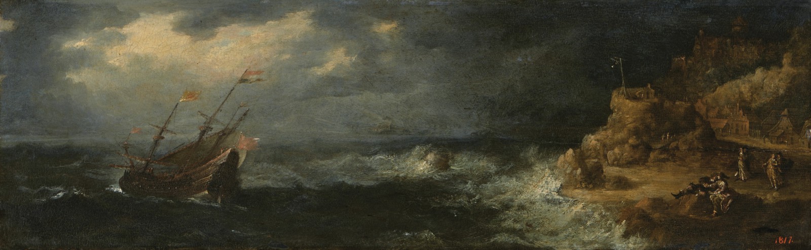 Obraz łazienkowski przedstawia płynący pod holenderską banderą trójmasztowy statek, który wychodząc w morze, walczy z burzą. Jego zmagania obserwują z brzegu trzy pary kochanków.