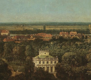 Detal obrazu "Widok Ujazdowa i Łazienek" Bernarda Bellotta, zw. Canaletto, przedstawiający Biały Dom, olej na płótnie, 1776 r.