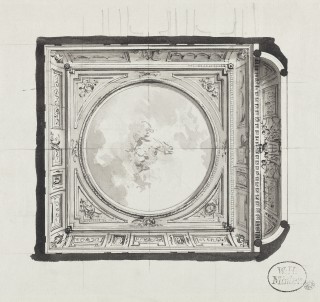 Apollo na rydwanie – projekt plafonu i fasety do teatru w Pomarańczarni w Łazienkach, rysunek piórem i ołówkiem, 1788