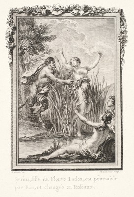 Rysunek przestawiający mężczyznę łapiącego kobietę wychodzącą z trzcin, na brzegu siedzą dwie inne kobiety.