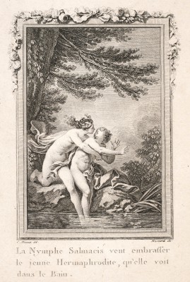 Rysunek przedstawiający Salmakisa i Hermafrodytę na brzegiem rzeki.