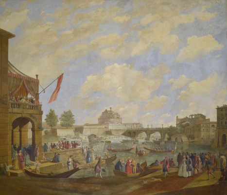 Malowidło ścienne przedstawiające widok na Zamek św. Anioła w Rzymie, u podnóża budowli chodzą ludzie, po wodzie pływają łódki z pasażerami.
