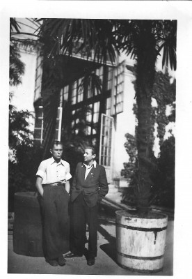 Dwóch mężczyzn stoi pod palmą. 