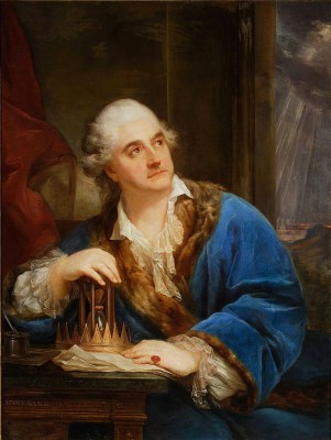 Portret króla Stanisława Augusta w niebieskich szatach, trzymającego w rękach klepsydrę.
