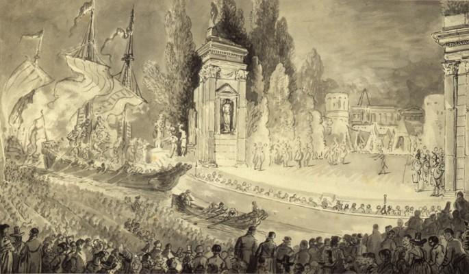 Rysunek przedstawiający scenę w Amfiteatrze, po której płynie łódź. Wokół sceny siedzą ludzie.