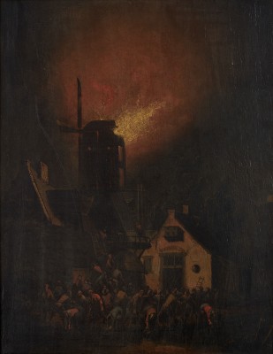 Obraz przedstawiający pożar wiatraka. Wokół wiatraka zebrał się tłum ludzi.
