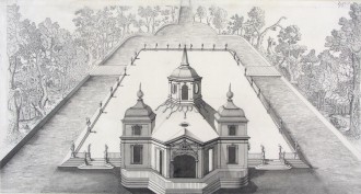 Archiwalny rysunek przedstawiający budynek.