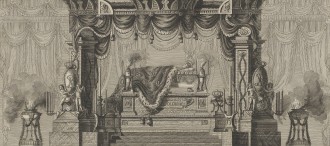 Rysunek przedstawiający króla Stanisława Augusta leżącego w petersburskim Pałacu Marmurowym.