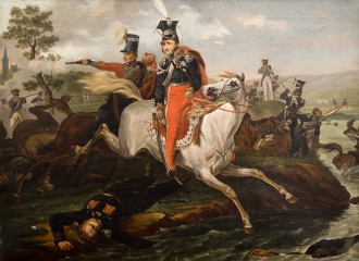 Portret księcia Józefa Poniatowskiego walczącego na koniu w bitwie. 